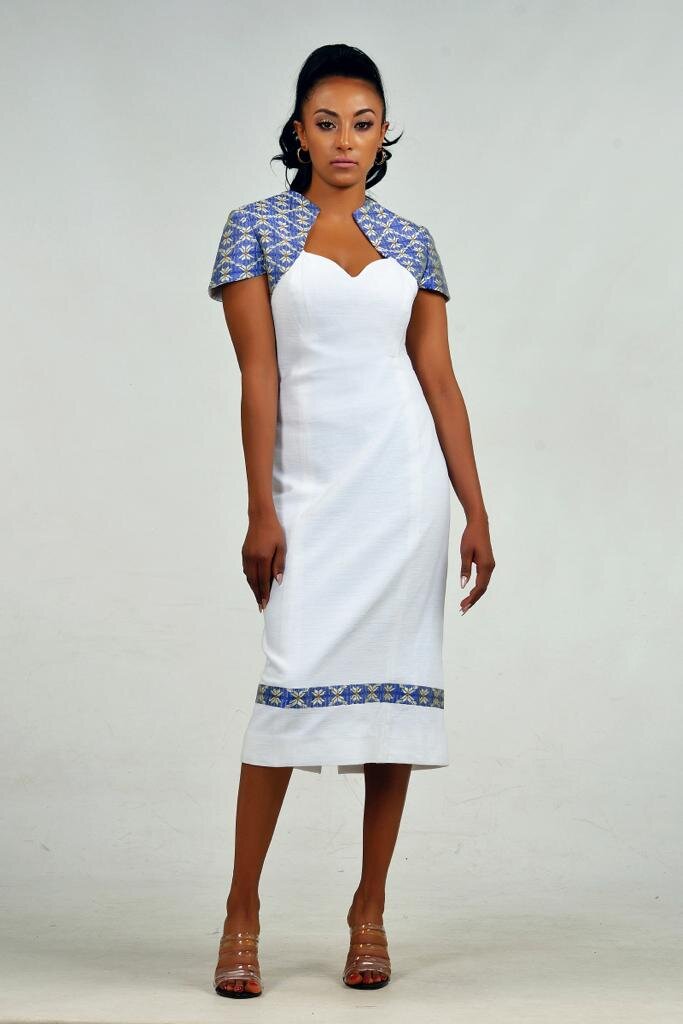 Midi dress with cape sleeve details in jacquard traditional Ethiopian fabric
